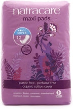 Natracare Natural Traditional Style Maxi Pads, Super, Individually Wrapped, Without Wings in Plant-Based Bag (1 Pack, 12 Pads Total)