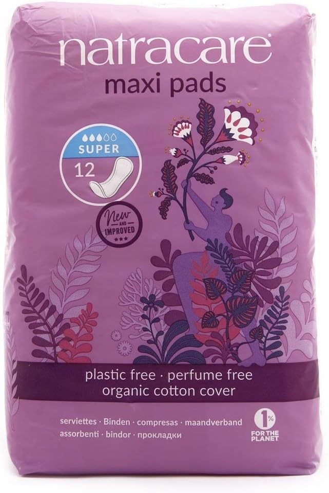 Natracare Natural Traditional Style Maxi Pads, Super, Individually Wrapped, Without Wings in Plant-Based Bag (1 Pack, 12 Pads Total)