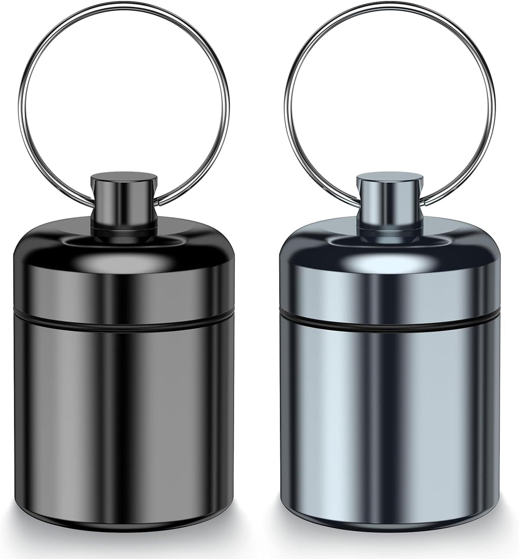 2 Pack Mini Pills Case Small Pill Holder Keychain for Purse - Portable Travel Pill Container Keychain, Waterproof Metal Daily Medicine Organizer Box for Office Outdoor Camping (Black & Grey)