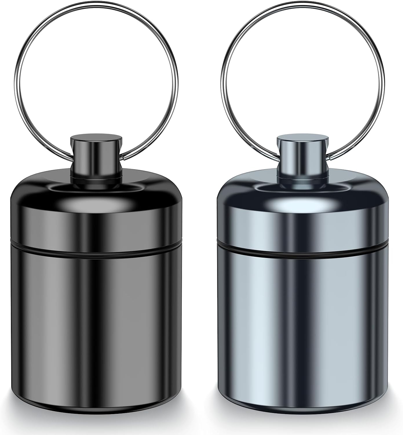 2 Pack Mini Pills Case Small Pill Holder Keychain for Purse - Portable Travel Pill Container Keychain, Waterproof Metal Daily Medicine Organizer Box for Office Outdoor Camping (Black & Grey)