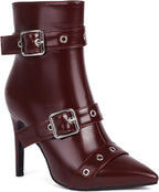 Women'S Pointed Toe Stiletto Ankle Boots with Goth Buckle Strap Studded Fashion Retro High Heel Sexy Ankle Booties with Side Zipper For Dance Party Cosplay Motorcycle Short Booties