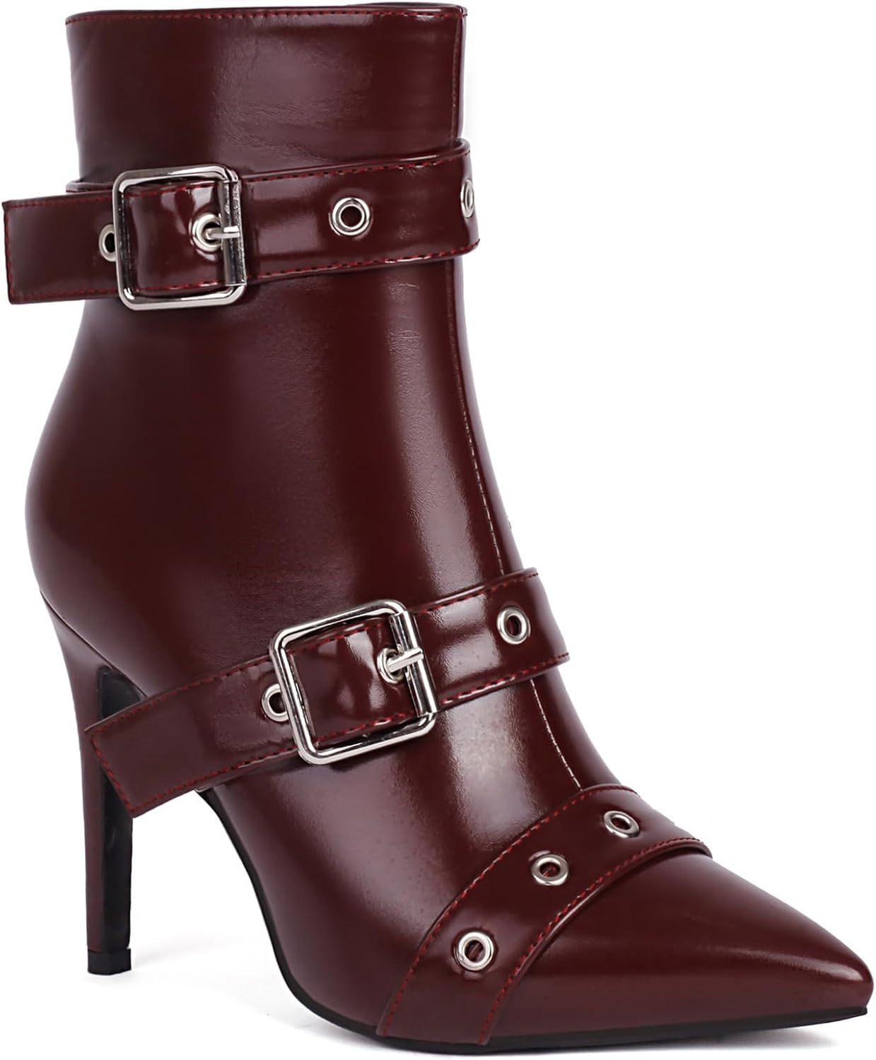 Women'S Pointed Toe Stiletto Ankle Boots with Goth Buckle Strap Studded Fashion Retro High Heel Sexy Ankle Booties with Side Zipper For Dance Party Cosplay Motorcycle Short Booties