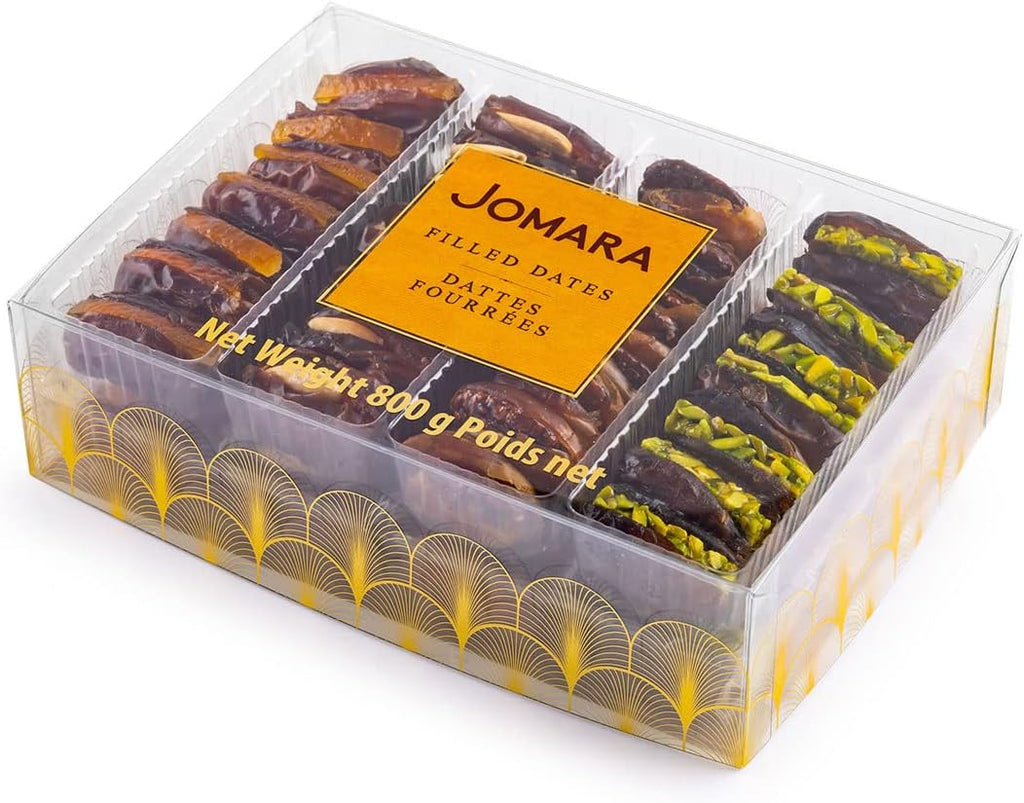 Jomara Premium Filled Dates Mix Pack 4 Flavors | 28oz / 800g | Natural Dates filled with Orange Peel, Caramelized Pecan, Roasted Almond or Pistachio| Healthy Dried Fruit for Snacking | Natural Source