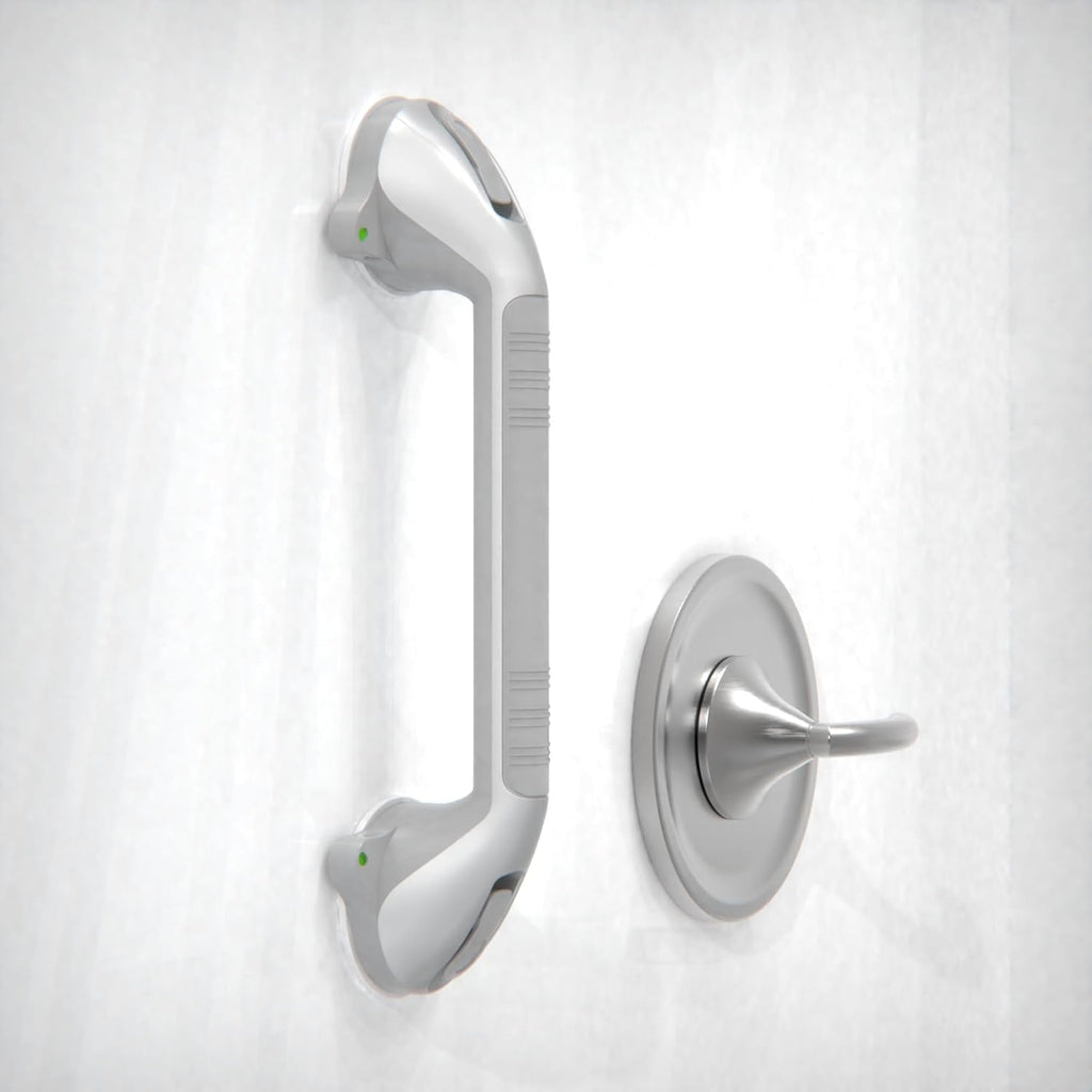 17-inch Suction Shower Grab Bar with Indicators, Tool-Free Installation, Steady Handle for Balance Assist for Bathtub,Bathroom,Toilet, Dual Tone Silver/Grey
