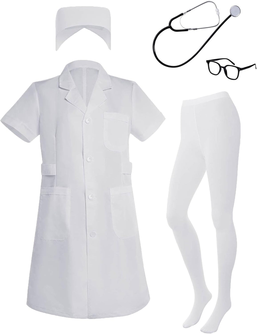 Nurse Costume for Women White Lab Coat Doctor Costume Halloween Outfit Include Coat Hat Stethoscope Socks Glasses