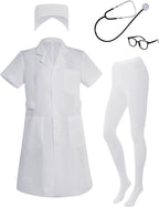 Nurse Costume for Women White Lab Coat Doctor Costume Halloween Outfit Include Coat Hat Stethoscope Socks Glasses