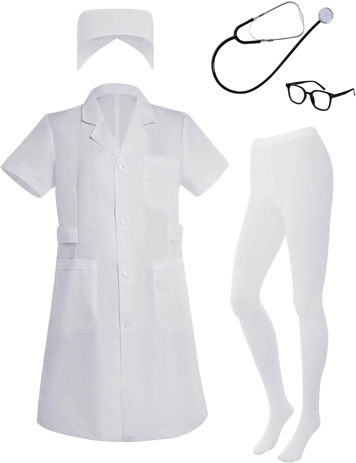 Nurse Costume for Women White Lab Coat Doctor Costume Halloween Outfit Include Coat Hat Stethoscope Socks Glasses