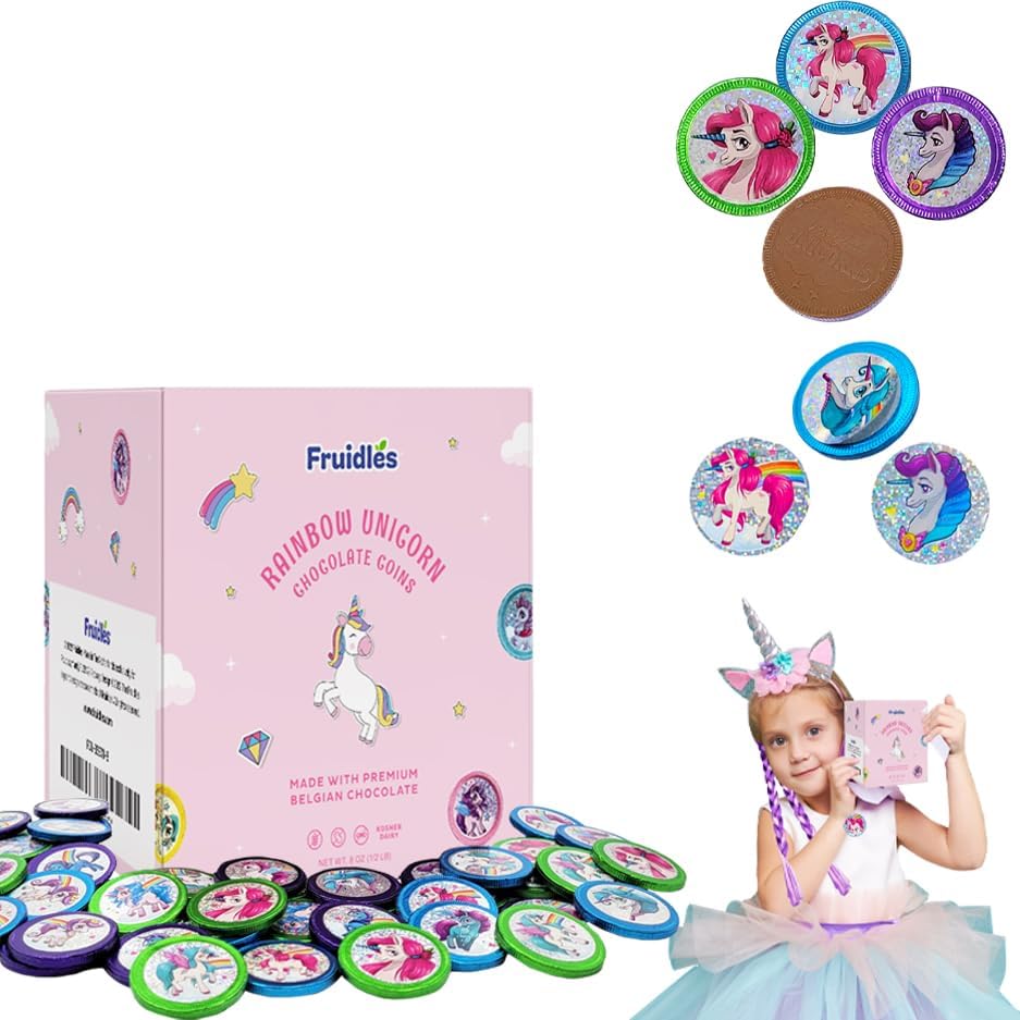 Fruidles Rainbow Unicorn Milk Chocolate Coins in Foil, with Stickers, Chocolates for Kids, Kosher Certified (Half-Pound)