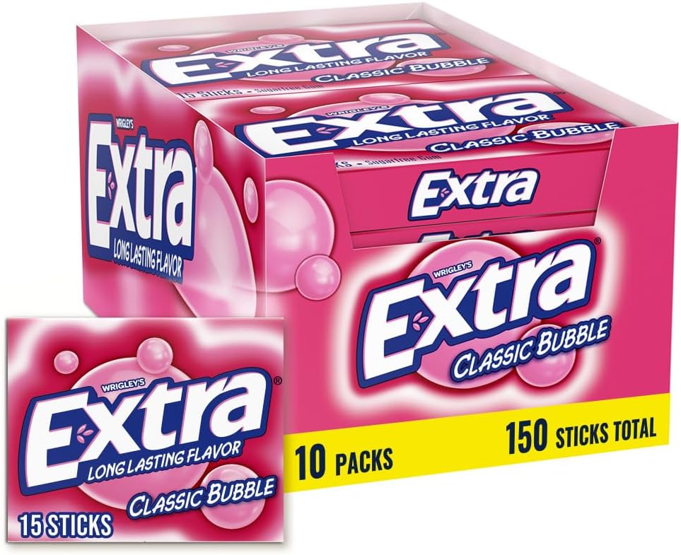 EXTRA Gum Classic Bubble Gum Sugar Free Chewing Gum Bulk Pack, 15 Stick (Pack of 10)