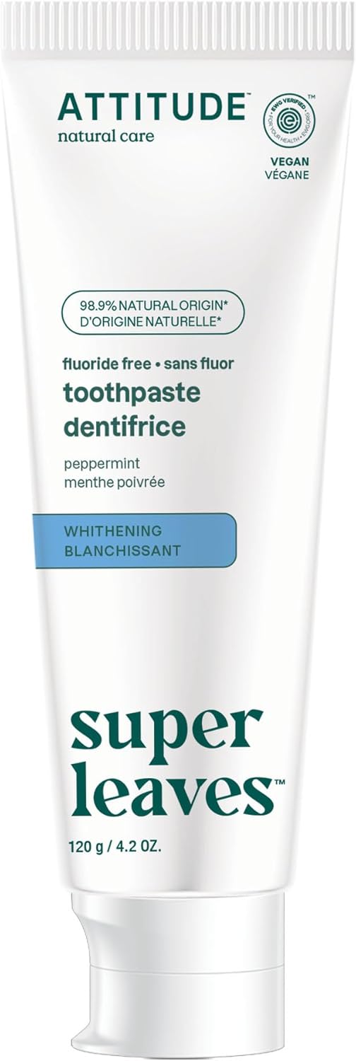 ATTITUDE Fluoride-Free Whitening Toothpaste, Peppermint Flavor, Vegan & Cruelty-Free, Sugar-Free, Plant & Mineral-Based Ingredients, Clean Oral Care, 4.2 Oz