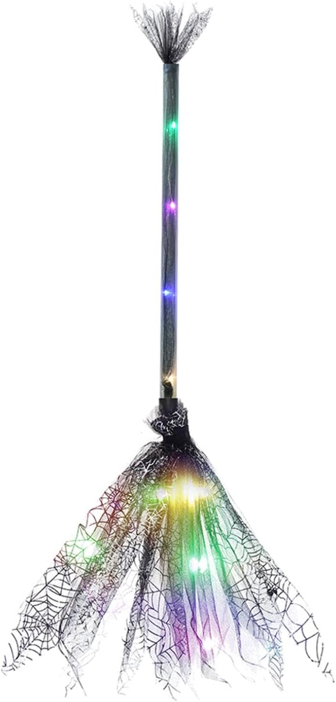 Halloween Witch Broomstick, Flying Prop with Ribbon Handle, Plastic and Mesh Design, Perfect for Cosplay, Party Decor, Costume Parties, Theme Events, Suitable for Children and Adults. (Black)