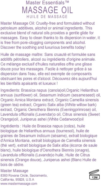 Master Massage Organic Massage Oil - 8 fl oz, Soothing Sense, Water-Soluble, Skin-Nourishing Formula for Relaxation, Ideal for Massage Therapy and Home Use, Pack of 1