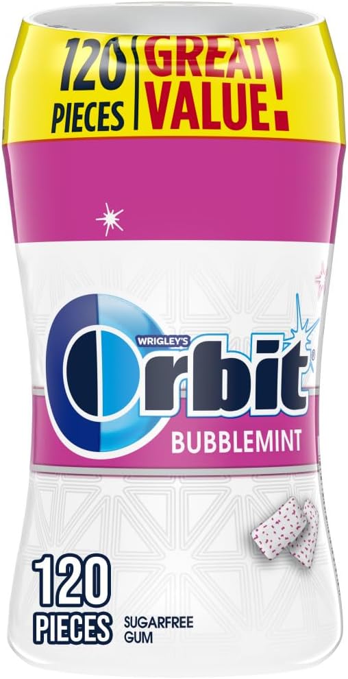 ORBIT Bubblemint Sugar Free Chewing Gum Travel Essentials Mint Spring Break Travel Gum, 120 Ct Resealable Bottle