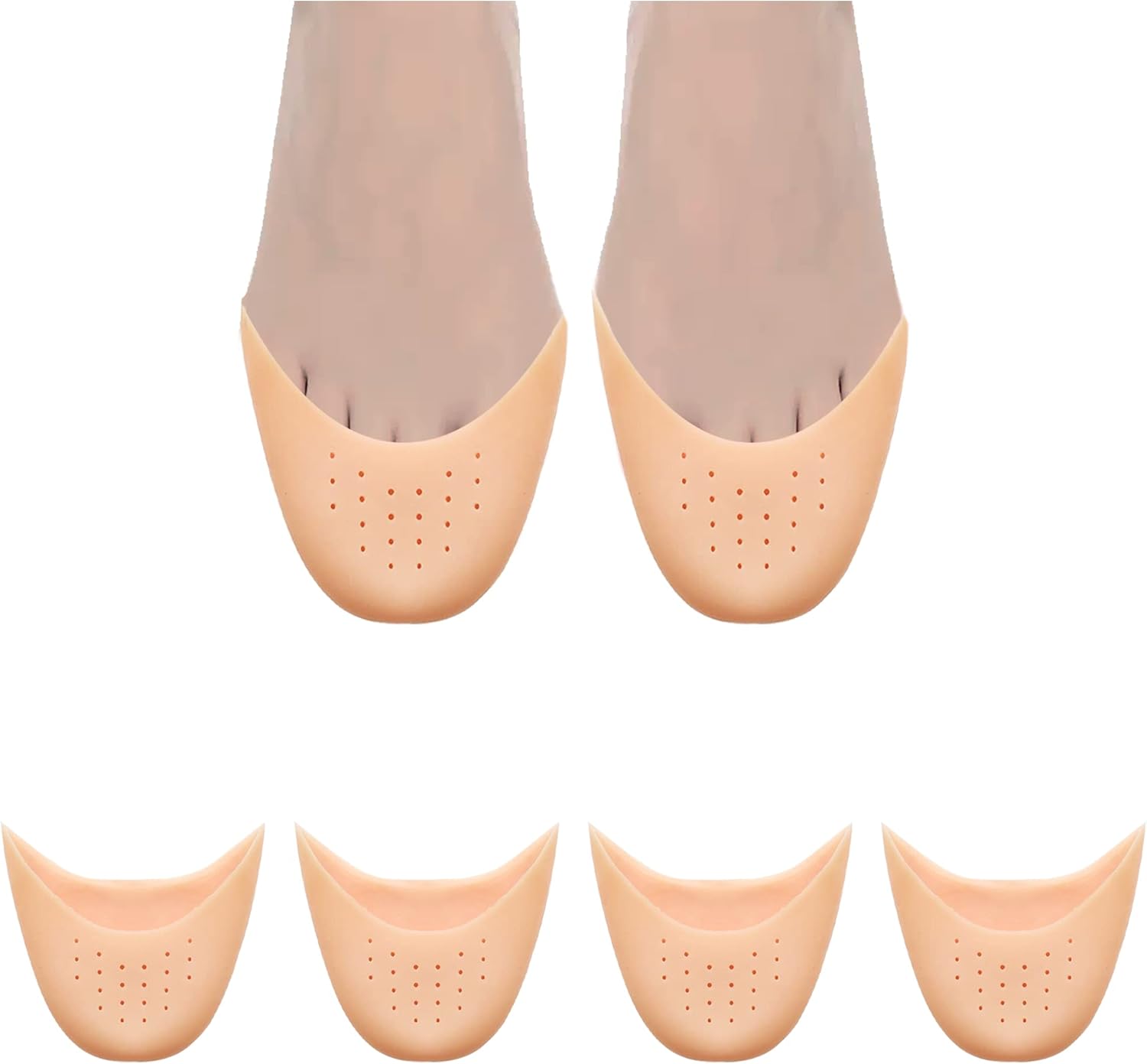 Silicone Toe Pouches 4 PCS-Silicone Gel Pads Toe Protectors Shoe Cap Protector Ballet Foot Protection with Breathable Hole for Ball of Foot Metatarsal Ballet Pointe Cap (2 Pairs Beige)