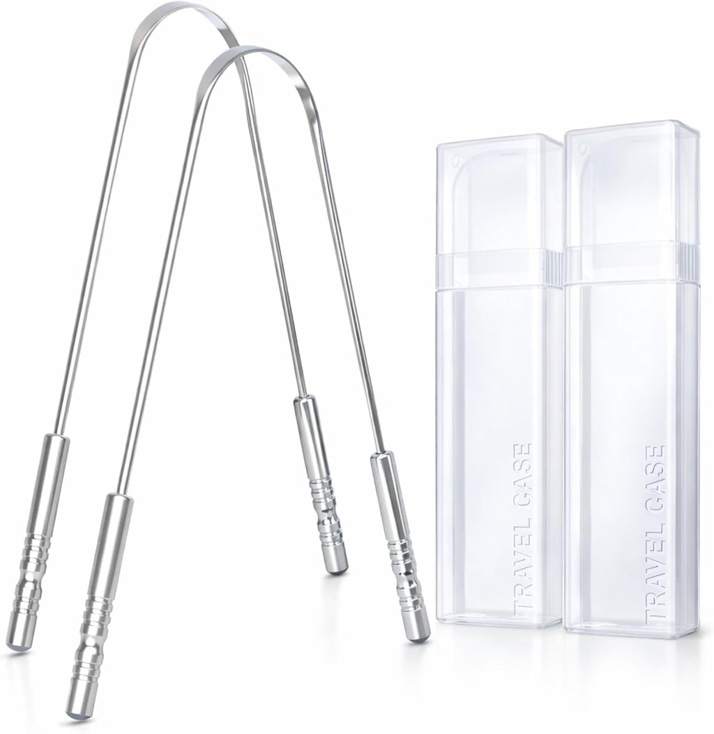 Tongue Scraper 2 Pack, 304 Stainless Steel Tongue Cleaner, Includes 2 Travel Cases, Helps Reduce Bad Breath, Metal Tongue Scraper for Oral Hygiene and Fresh Breath
