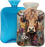 Vintage High Land Cow Flower Hot Water Bottle with Cover, 2L PVC Hot Water Bag for Pain Relief, Hand Foot Warmer, Hot & Cold Therapy with Removable Cover, Gift for Women Kids Family