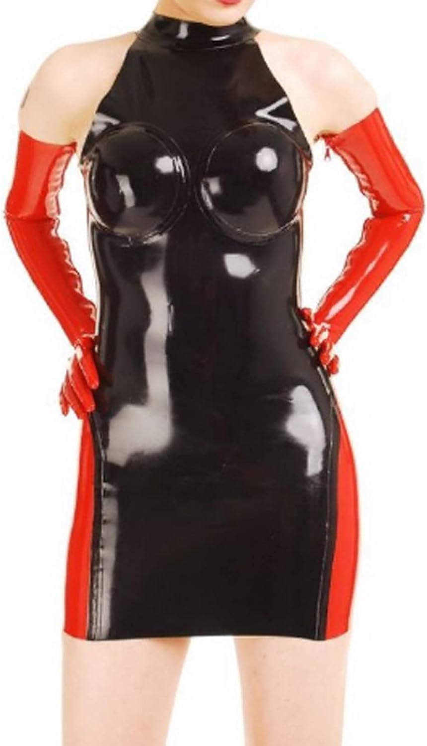 Natural latexRed and Black Sexy Latex Dress with Back Zipper Glued Breasts Rubber Playsuit
