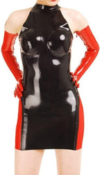 Natural latexRed and Black Sexy Latex Dress with Back Zipper Glued Breasts Rubber Playsuit