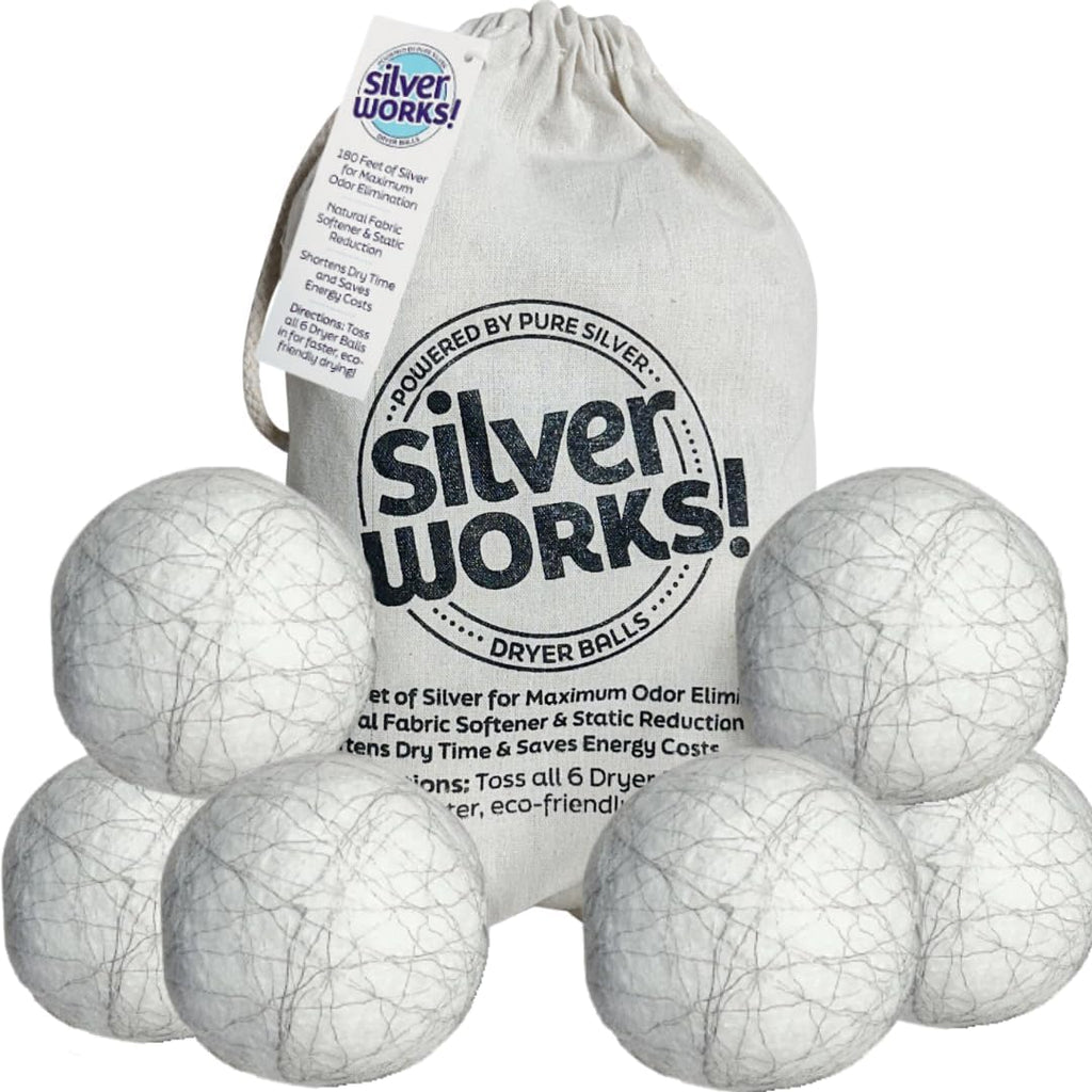 SilverWorks! Wool Dryer Balls Laundry Reusable - Odor Eliminating Dryer Laundry Balls with Silver Technology - Natural Fabric Softener and Static Reducer, Reduce Drying Time and Energy Costs - 6 Pack