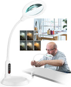 10X Magnifying Glass with Light and Stand, LED 5 Color Modes, Brightness Stepless Dimming Lighted Magnifier Hands Free, Flexible Gooseneck Desk Lamp with Clamp for Close Works, Crafts, Hobby - White
