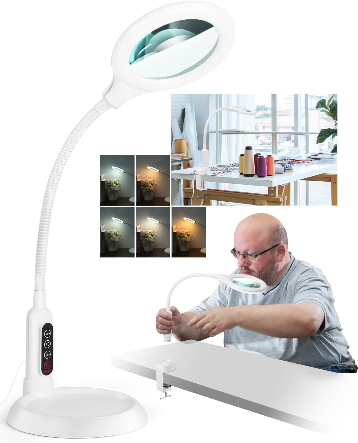 10X Magnifying Glass with Light and Stand, LED 5 Color Modes, Brightness Stepless Dimming Lighted Magnifier Hands Free, Flexible Gooseneck Desk Lamp with Clamp for Close Works, Crafts, Hobby - White