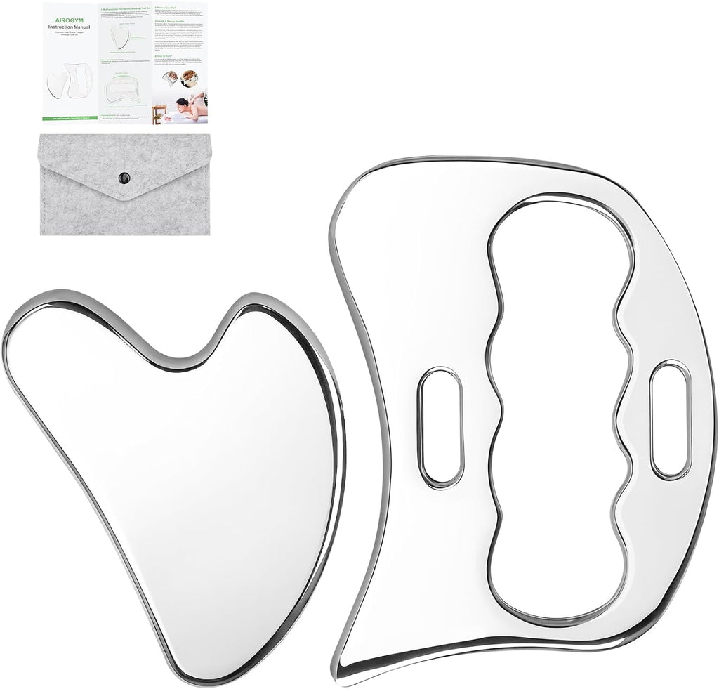 airogym 2 in 1 Stainless Steel Gua Sha Massage Tool - Professional Muscle Scraper for Soft Tissue Mobilization, IASTM Physical Therapy & Myofascial Release - Body Sculpting & Pain Relief Kit