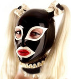 Latex Hood Rubber Head Mask with Hair Pieces Wigs Ponytails Latex Head Cover Back Zipper Natural latex Unisex
