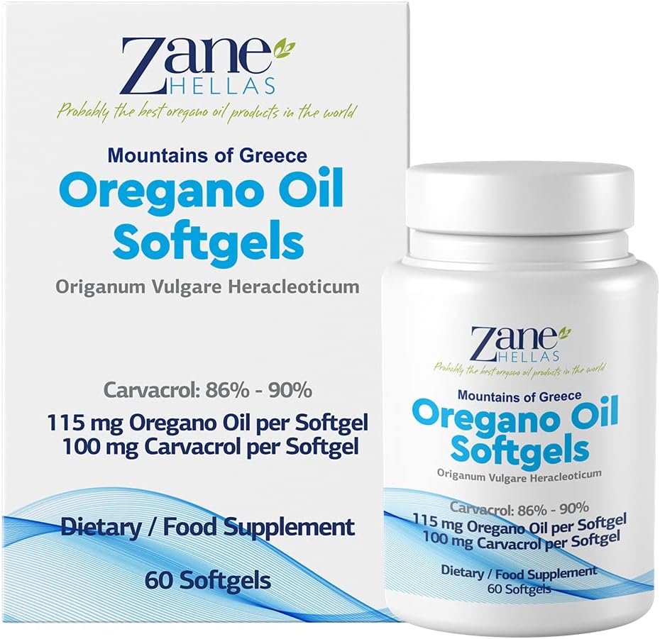 Zane Hellas Oregano Oil Softgels. Extra Strength. Every Softgel Contains 20% Greek Essential Oil of Oregano. 100 mg Carvacrol per Softgel. 60 Softgels.