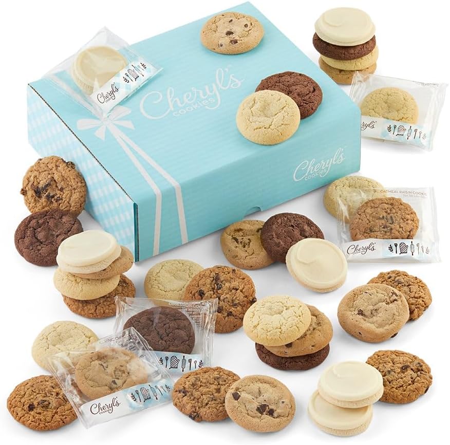 Cheryl's Cookies® Assorted Cookie Gift Box w/ 36 Individually Wrapped Chocolate Chip, Oatmeal Raisin, Chocolate, & Sugar Cookies Handmade, Perfect for Any Occasion, Family & Friends, Loved Ones