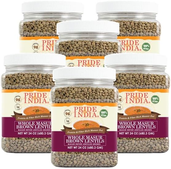 Pride Of India - PACK of 6 - Indian Whole Brown Crimson Masur Lentils - Protein & Fiber Rich Masoor Whole, 1.5 Pound Jar