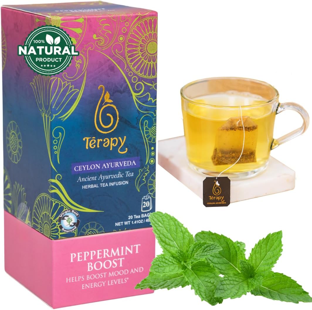 TERAPY Ceylon Peppermint Tea - Boosts Well-being & Energy Levels, 100% Pure Peppermint Tea Bags, Low Caffeine, Refreshing Herbal Flavor, 20 Individually Wrapped Unbleached Bags for Freshness (1 Pack)