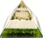 Moldavite Orgone Pyramid – Energy Generator for Healing, Meditation – Spiritual Crystal Decor with Copper, Quartz, Chakra Stones – Reiki Tool & Gift