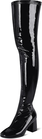 syztsho Thigh High Boots for Women Patent Leather PU Chunky Heel Over The Knee Boot Sexy Square Toe Side Zipper GOGO Boots