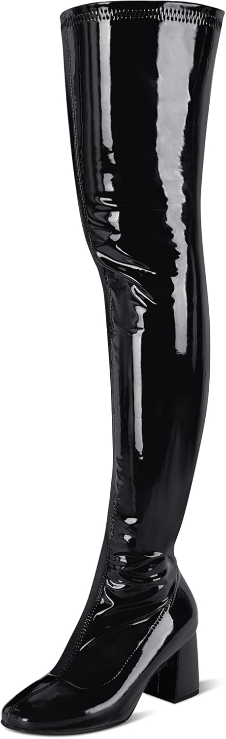 syztsho Thigh High Boots for Women Patent Leather PU Chunky Heel Over The Knee Boot Sexy Square Toe Side Zipper GOGO Boots