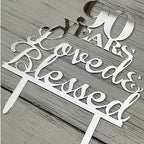 JIEEIN 90 Years Loved & Blessed Cake Topper - 90th Birthday, Wedding Anniversary Party Decorations - Mirror Silver Acrylic