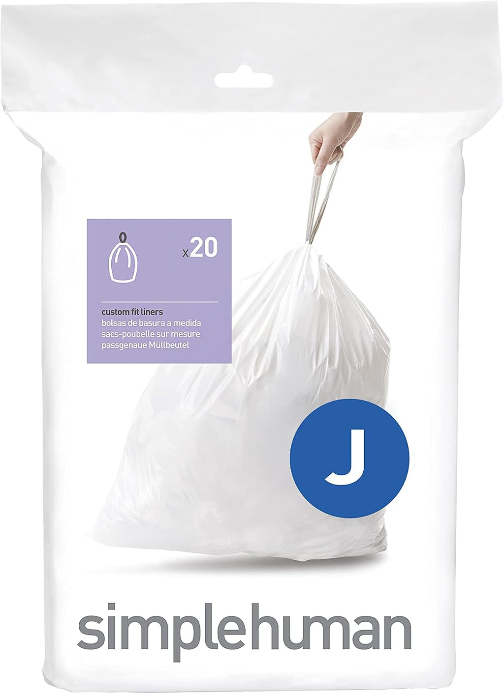 simplehuman Code J Custom Fit Drawstring Trash Bags in Dispenser Packs, 20 Count, 30-45 Liter / 8-12 Gallon, White