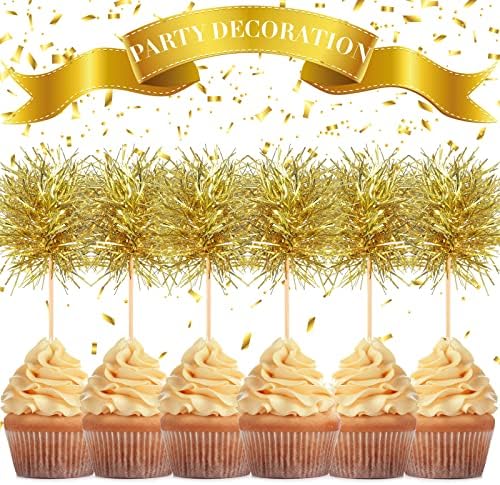 Chinco 100 Pcs Foil Firework Cupcake Toppers Gold Sparkle Tinsel Cake Toppers New Years Cake Decoration Cocktail Fruit Toothpick for Birthday Wedding Graduation Party