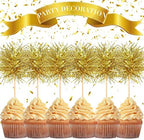 Chinco 100 Pcs Foil Firework Cupcake Toppers Gold Sparkle Tinsel Cake Toppers New Years Cake Decoration Cocktail Fruit Toothpick for Birthday Wedding Graduation Party