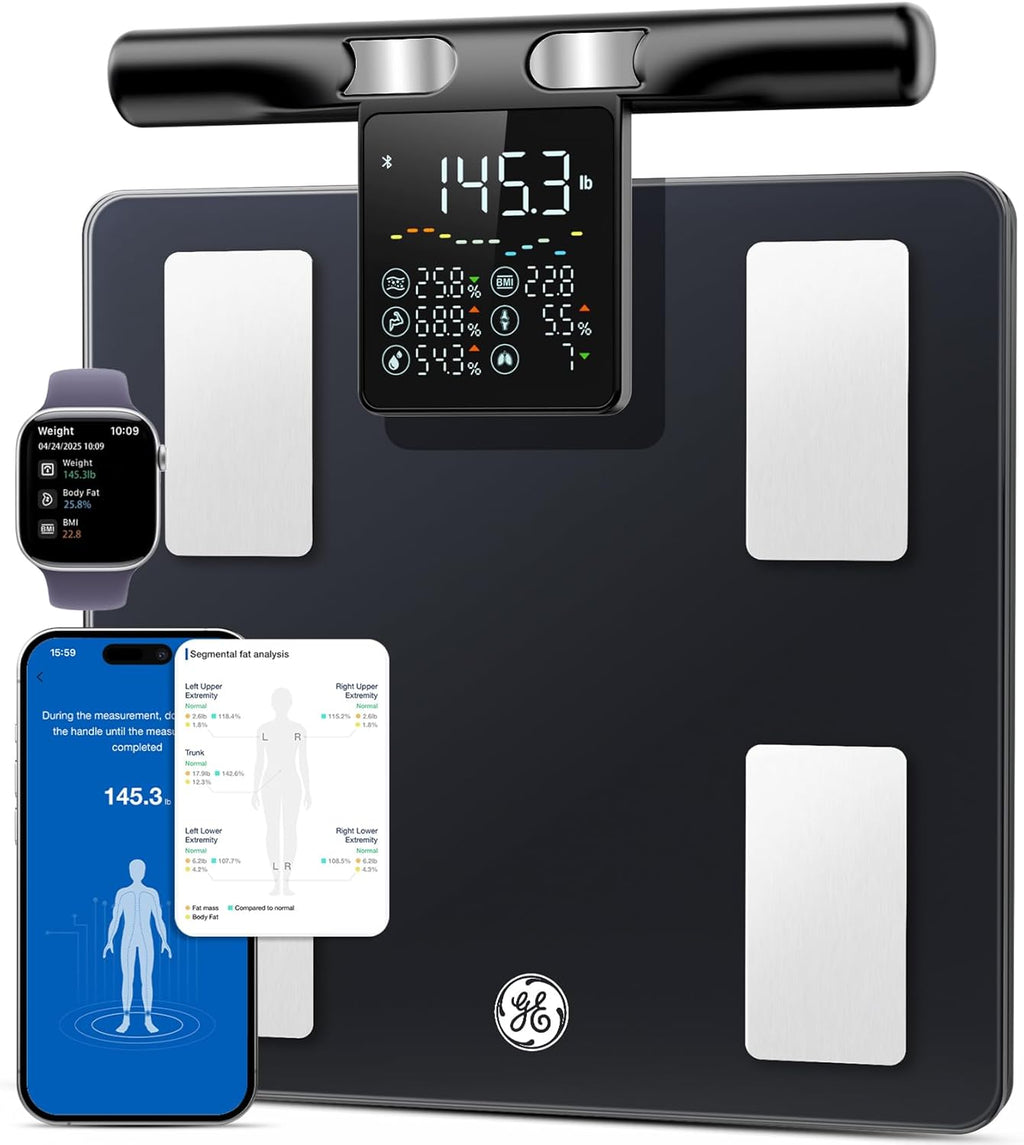 GE Smart Scale for Body Weight: 8-Electrode Body Pod Fat Monitor with Full Body Composition Analysis, Bluetooth App Sync, Large Handle Display, 400lb Capacity Bathroom Scale for Home & Gym, Black
