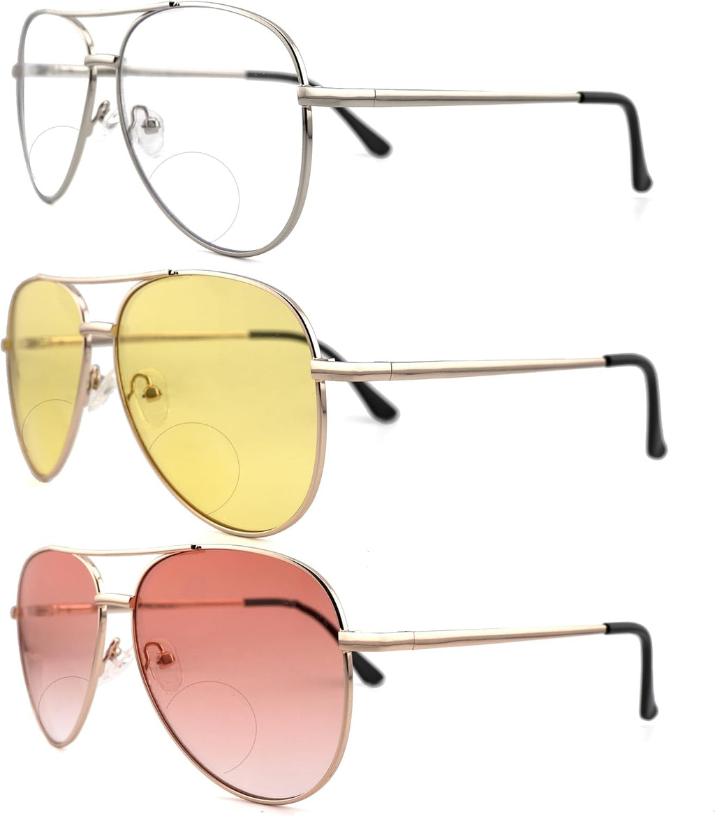 3 Pack Bifocal Reading Sunglasses for Women Men, Aviator Sun Readers Glasses Mirrored Shades UV400 Gradient Pink Night Yellow Clear, +2.0