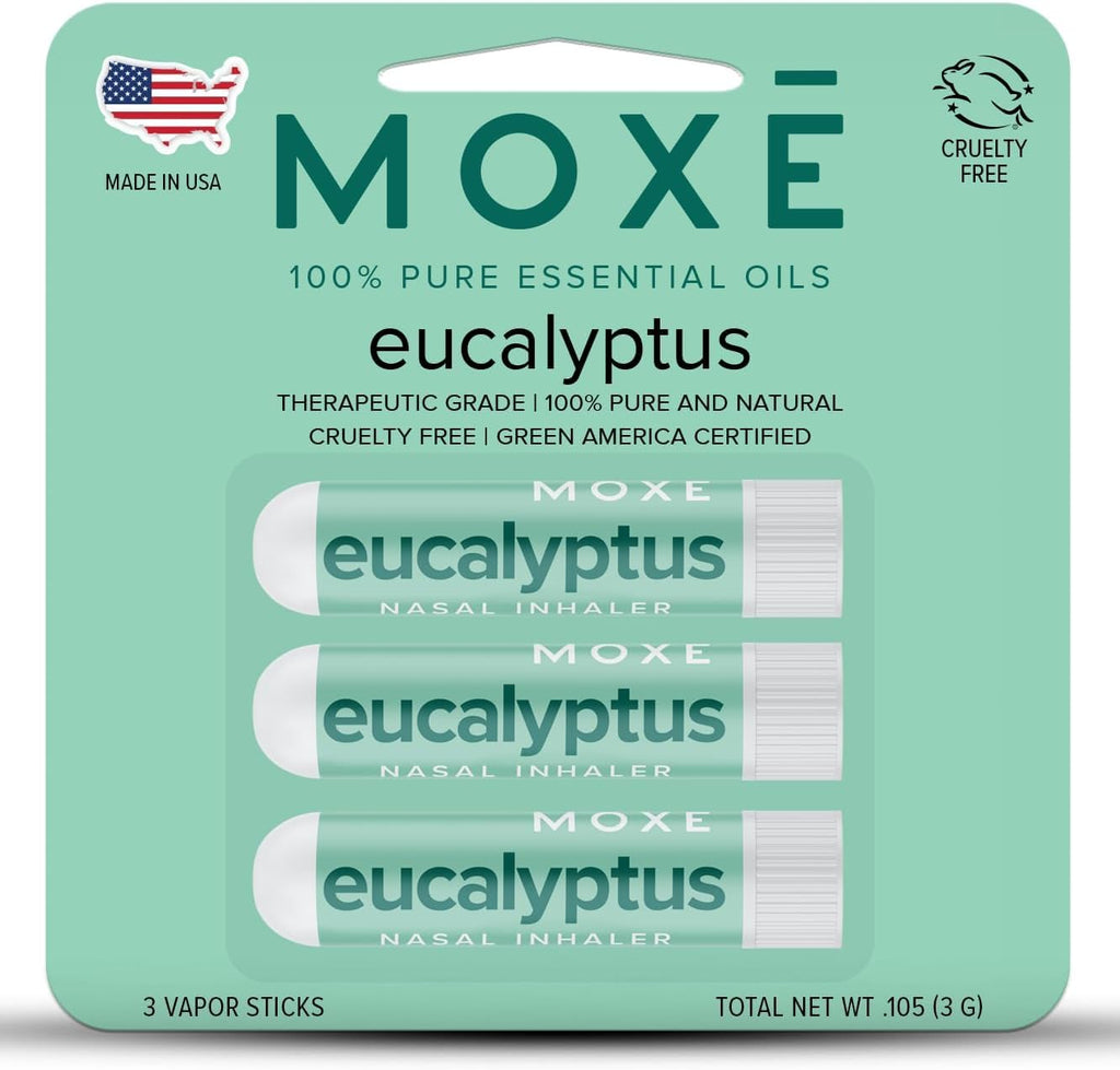 MOXĒ Eucalyptus Essential Oil Nasal Inhaler, Sinus & Congestion Relief, Daily Relaxation, Stress Relief, Therapeutic No-Mess Aromatherapy, Pure and Natural, Made in USA (3 Pack) packaging may vary