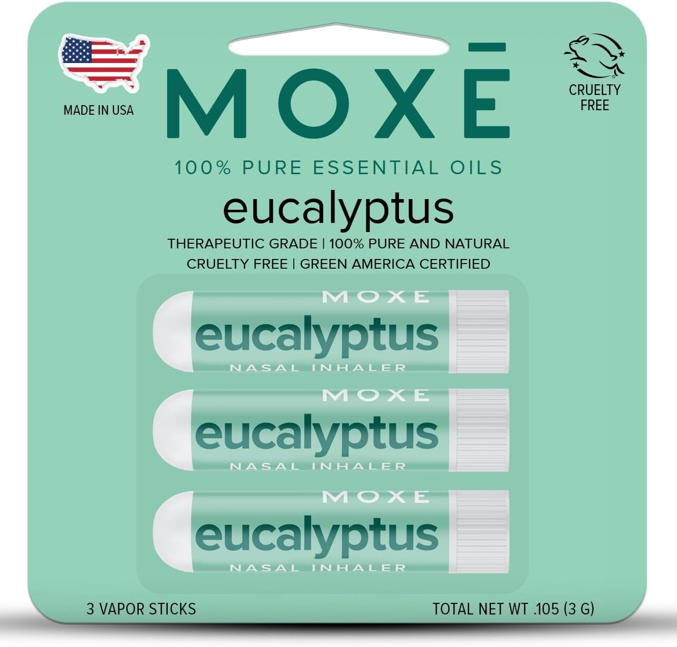MOXĒ Eucalyptus Essential Oil Nasal Inhaler, Sinus & Congestion Relief, Daily Relaxation, Stress Relief, Therapeutic No-Mess Aromatherapy, Pure and Natural, Made in USA (3 Pack) packaging may vary