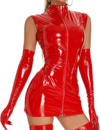 Women Sexy Tank Leather Dress, Gloves Not Included, Wetlook, Plus Size, Shiny Latex Hip Skirt