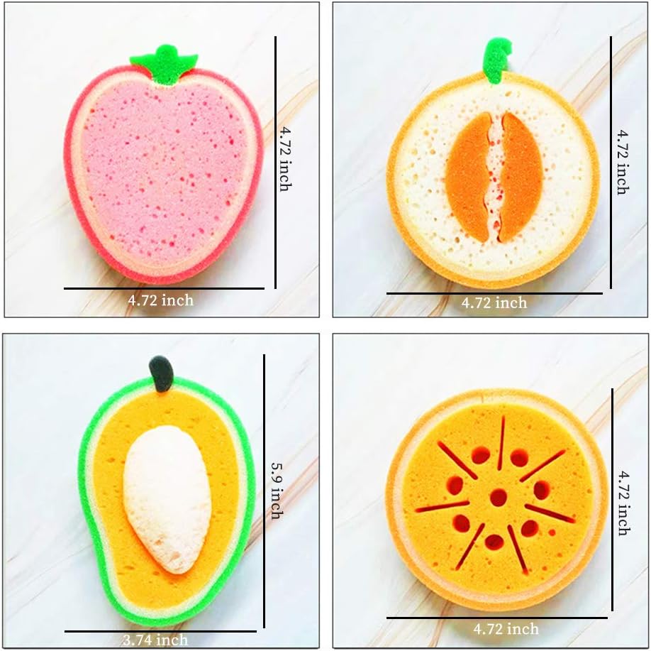 WishLotus 4Pcs Dish Cleaning Sponges, Cute Fruit-Shape Thickened Kitchen Sponge, Multifunctional Wipe Decontamination Lightweight Cleaning Dishes Sponge Washing Dishes Kitchen Tool