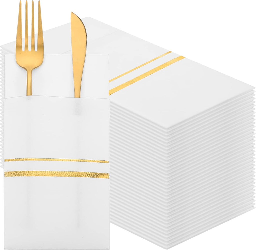 Roshtia 100 Pack Dinner Napkins Disposable Linen Feel Dinner Napkins with Built-in Flatware Pocket Gold Trim Lined Pre Folded Paper for Wedding Party (White,Gold)