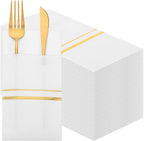 Roshtia 100 Pack Dinner Napkins Disposable Linen Feel Dinner Napkins with Built-in Flatware Pocket Gold Trim Lined Pre Folded Paper for Wedding Party (White,Gold)