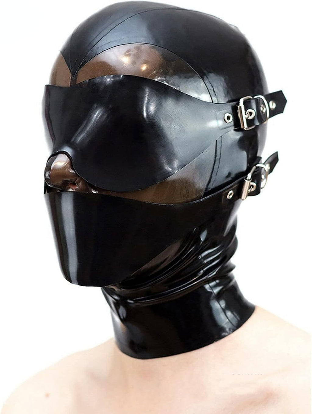 Full Face Cover Mask with Mouth and Eye Patch, Sex Latex Hood Mask with Zipper for Party, Cosplay