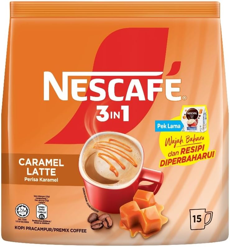Nescafe 3 in 1 CARAMEL Coffee Latte - Instant Coffee Packets - Single Serve Flavored Coffee Mix