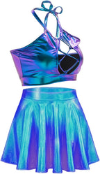 Women's Rave Outfit Sets For Women Festivals 2 Pcs Metallic Tops long Skirt EDM Party Club Holographic Rave Outfits