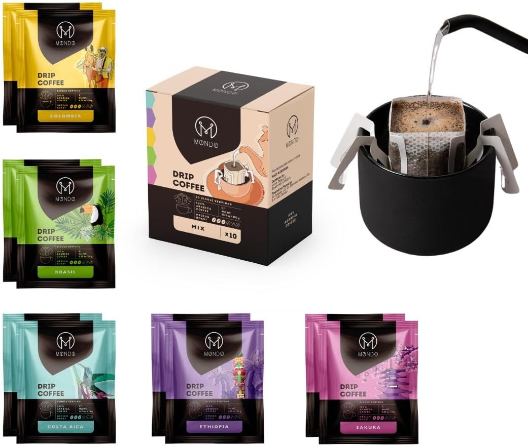Mondo Drip Coffee Mix (10-Pack Variety), Single Serve Pour Over Filter Bags, Pre-Filled 100% Arabica, Medium Roast
